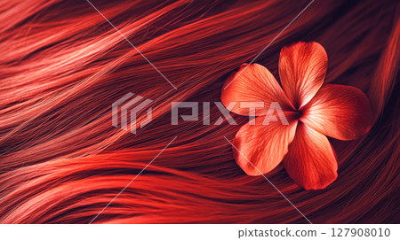 Bright red hair texture decorated with a  pink flower, close up view. 127908010