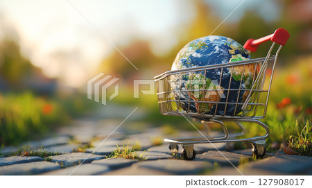 Shopping cart with a planet Earth. Online shopping and global shipping. Commodity market. Shopping cart with a planet Earth. Online shopping and global shipping. Commodity market. 127908017