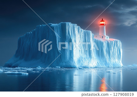 White lighthouse glowing softly on a big floating iceberg. 127908019