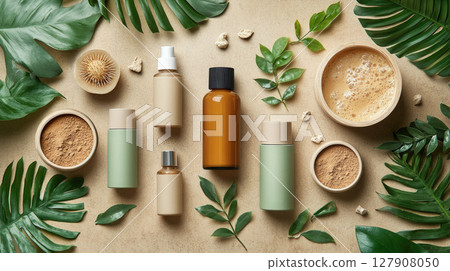 Natural cosmetics and green leaves.Natural organic skincare, bio research and healthy lifestyle concept. 127908050