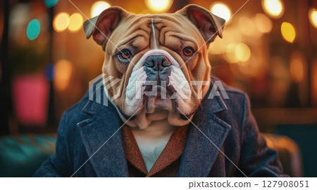 A fashionable bulldog wearing a blazer, sitting in a powerful pose. 127908051