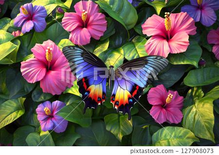 A butterfly surrounded by exotic flowers, with rich green leaves and colorful blossoms. 127908073