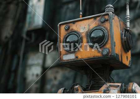 Portrait of a retro robot with orange metal body, evoking nostalgia and creativity. 127908101