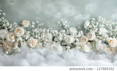White roses and delicate white tulle against a  light grey wall background. Copy space. 127908102