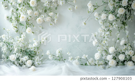 White roses and delicate white tulle against a  light grey wall background. 127908103