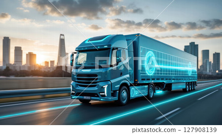 Futuristic smart truck driving on a highway at sunset Futuristic smart truck driving on a highway at sunset 127908139