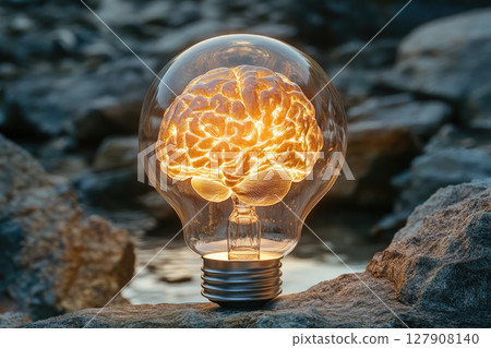 Human brain glowing inside of light bulb on rocky background. Thinking concept and brainstorm. 127908140