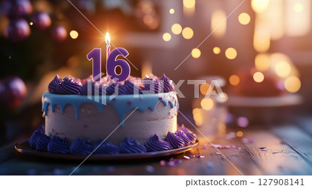 Purple birthday cake for 16 years jubilee. 127908141
