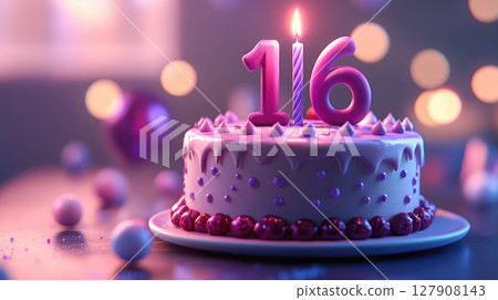 Purple cake with candles - birthday for a 16 year old. 127908143