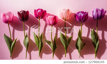 Row of beautiful tulips with sunlight on a pink background. Row of beautiful tulips with sunlight on a pink background. 127908145