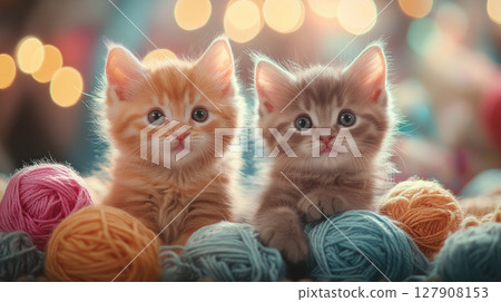 Two adorable little kittens surrounded by colorful yarn balls. 127908153