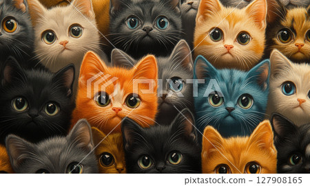 Large group of cats together in a row looking at the camera. 127908165