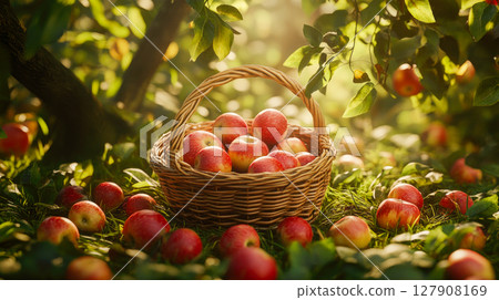 A woven basket filled with freshly picked apples, resting on a green grass in orchard 127908169