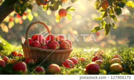 A woven basket filled with freshly picked red apples, resting on a green grass in orchard . 127908170