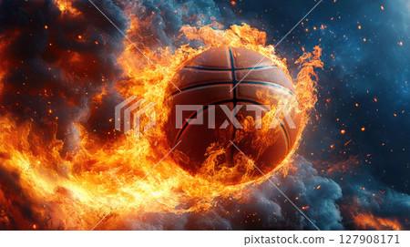 Fiery basketball flying against the night sky full of stars. Basketball game concept. 127908171