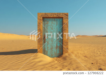 A solitary door stands on a vast desert landscape with smooth sand dunes and a clear sky, conveying themes of opportunity and possibilities. 127908222