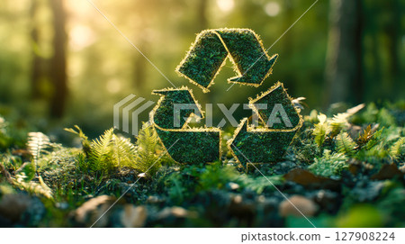 Green recycle symbol covered by grass and moss. Ecology concept. Green recycle symbol covered by grass and moss. Ecology concept. 127908224