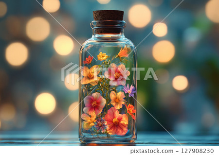 A glass bottle with colorful flowers embedded inside, amazing bokeh background. 127908230