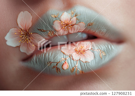 A woman lips are painted with a flower design. Close-up view. 127908231