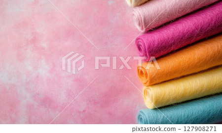 Background of many rolls of colored felt for handcraft. Copy space. 127908271