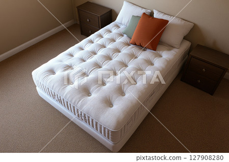 A new mattress with a pillows , placed in the middle of an empty bedroom. A new mattress with a pillows , placed in the middle of an empty bedroom. 127908280