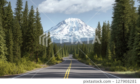 Asphalt road in a forest with snowy mountain nature scenery. 127908281