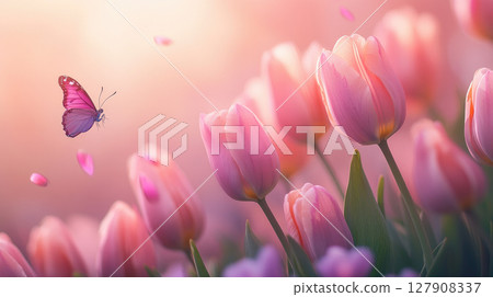 Beautiful butterfly and blossoming tulips outdoors on sunny spring day. Beautiful butterfly and blossoming tulips outdoors on sunny spring day. 127908337