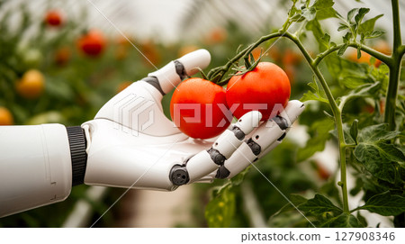 Smart robot farmer harvesting tomatoes in greenhouse, agriculture futuristic concept. 127908346