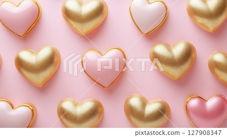 Valentines day pattern background with gold and pink hearts on a  pink background. Love symbol. 127908347