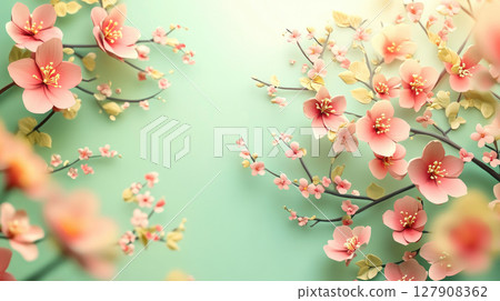 Paper cut floral background decorated with blooming flowers, backdrop for spring time season design. Banner with place for your text. 127908362