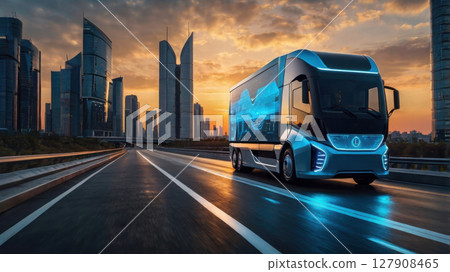 Futuristic smart truck driving on a highway at sunset 127908465