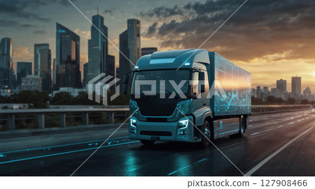 Futuristic smart truck driving on a highway at sunset 127908466