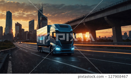 Futuristic smart truck driving on a highway at sunset 127908467