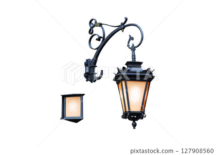 vintage wall lantern and street signs isolated on white background 127908560