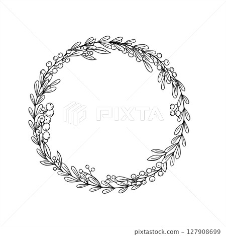 Floral doodle wreath with leaf branch and berries monochrome vector illustration. Minimalistic round frame with abstract plants in linear style. Blank space for text. For greeting cards, invitation. Floral doodle wreath with leaf branch and berries monochrome vector illustration. Minimalistic round frame with abstract plants in linear style. Blank space for text. For greeting cards, invitation. 127908699