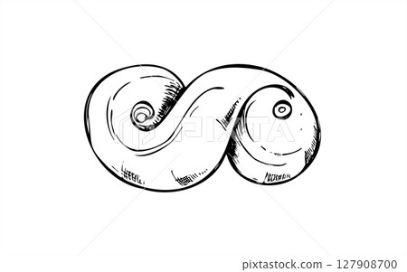 Swedish lussekatt or saffron bun monochrome vector illustration painted by black inks. Lusse pastry graphic sketch for holiday baking recipes, Scandinavian food decor, Christmas design. Swedish lussekatt or saffron bun monochrome vector illustration painted by black inks. Lusse pastry graphic sketch for holiday baking recipes, Scandinavian food decor, Christmas design. 127908700