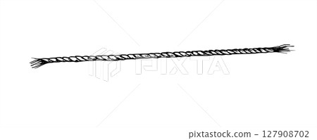 Monochrome piece of straight twisted rope with frayed ends vector illustration painted by black inks. Etching drawing of hemp rope for nautical decor, rustic packaging, and craft project Monochrome piece of straight twisted rope with frayed ends vector illustration painted by black inks. Etching drawing of hemp rope for nautical decor, rustic packaging, and craft project 127908702
