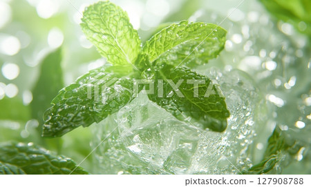 a glass of iced beverage with mint leaves 127908788