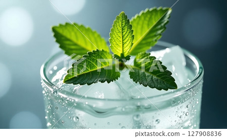 a glass of iced beverage with mint leaves 127908836