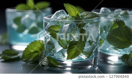 a glass of iced beverage with mint leaves 127908840