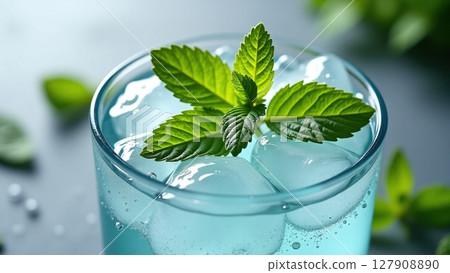 a glass of iced beverage with mint leaves 127908890