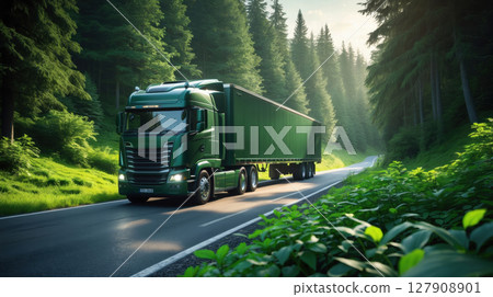 A large, dark-green semi-truck travels in the forest 127908901