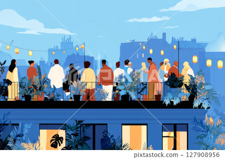 A group of friends stands together on a city rooftop under blue skies, surrounded by greenery and hanging lanterns, enjoying each other's company and the urban view 127908956