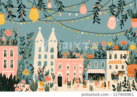 A lively rooftop gathering features friends enjoying each other's company under string lights, surrounded by charming city buildings and lush plants, creating a joyful atmosphere 127908961