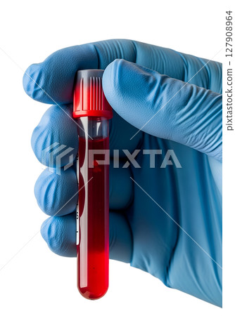 Blood sample in test tube held in hand isolated on transparent background, medical lab concept 127908964