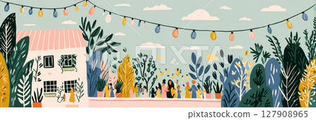 Friends gather on a city rooftop for a joyful get together, surrounded by lush plants and decorative lights under a serene sky. Laughter and companionship fill the air 127908965