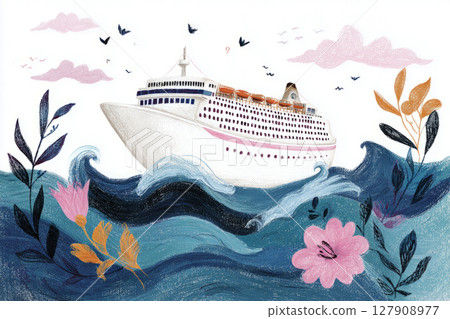 A cruise ship navigates the blue ocean waters, surrounded by playful waves and fluffy clouds, with colorful marine life adding to the lively atmosphere 127908977