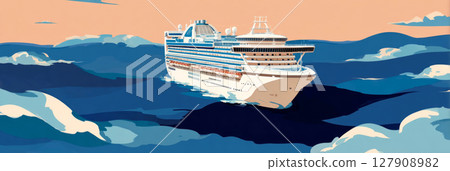 A large cruise ship navigates the tranquil ocean, surrounded by gentle waves under a vibrant sunset sky. Passengers enjoy the journey on this relaxing maritime adventure 127908982