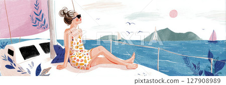 A person relaxes on a boat deck, surrounded by colorful cushions. The calm sea and distant hills provide a peaceful backdrop, ideal for unwinding under the sun, banner 127908989