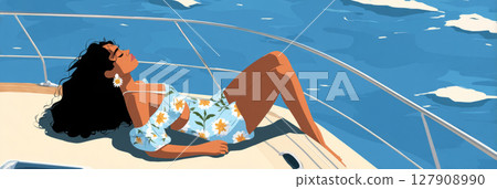 A woman enjoys a peaceful moment on a yacht, basking in the sun and taking in the serene ocean view on a beautiful day. The vibrant blue water reflects the clouds above, banner 127908990